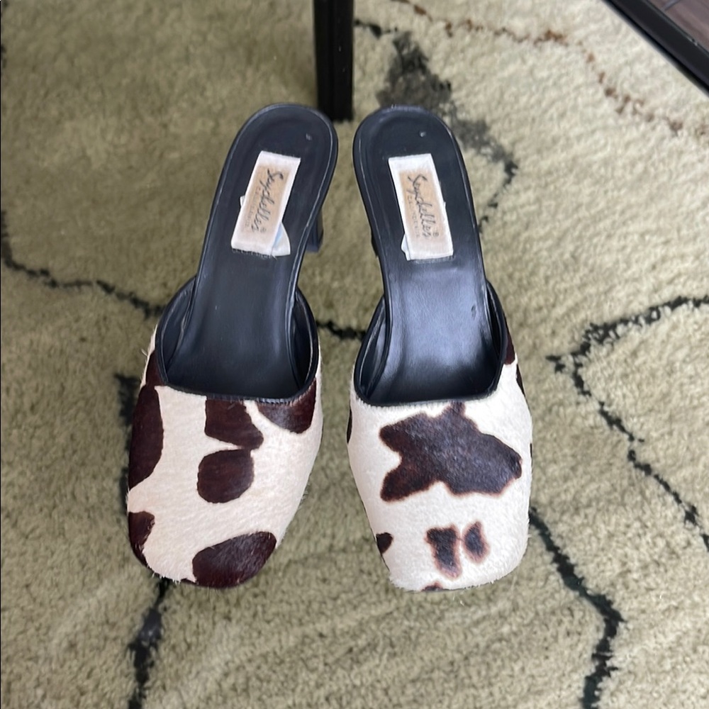 Vintage Black and White cow print mules